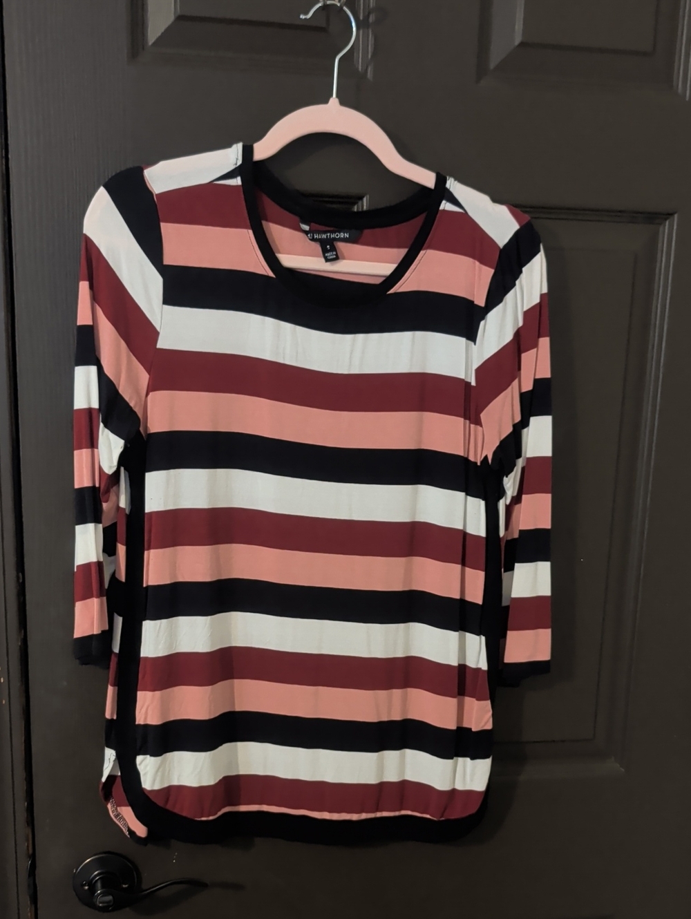 41 Hawthorn Striped Long Sleeve Top — Black, White, Burgundy & Blush